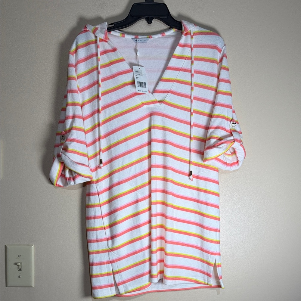 Trina Turk White Hooded Tunic With Pink And Yellow Stripes
